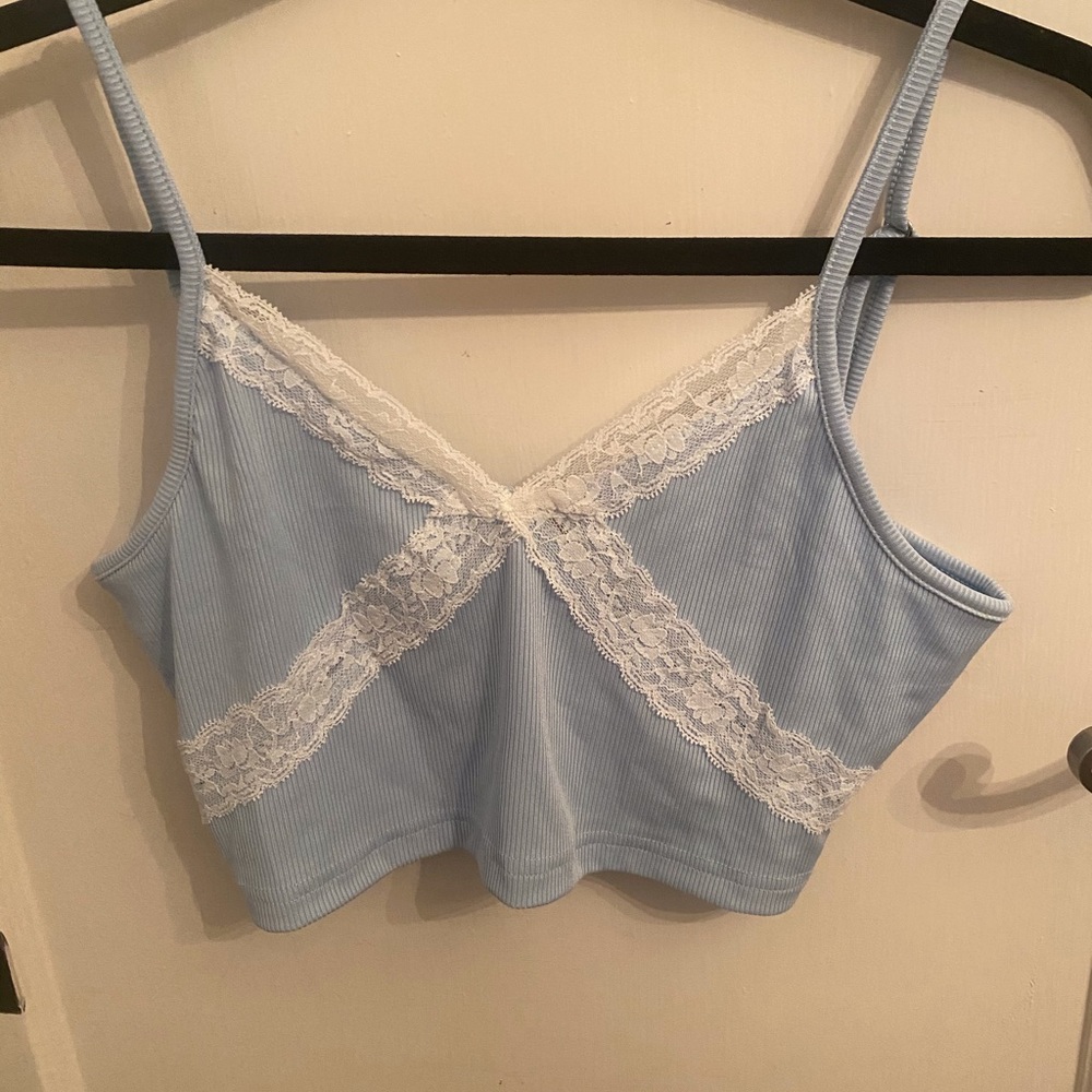 Blue and white lace tank top